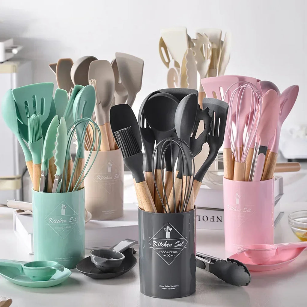 Multicolor Silicone Cooking Utensils Set with Wooden Handles for Nonstick Cookware