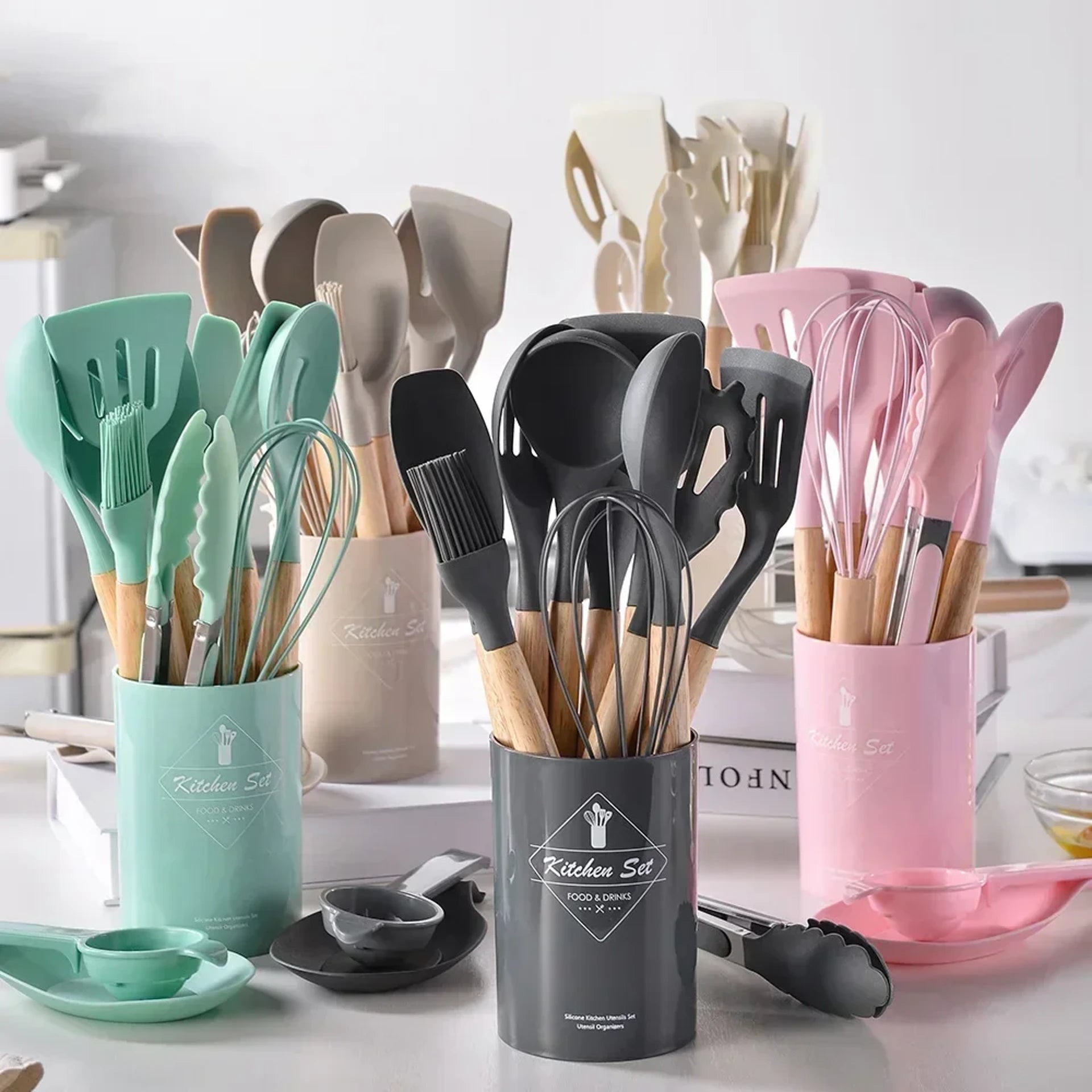 Multicolor Silicone Cooking Utensils Set with Wooden Handles for Nonstick Cookware